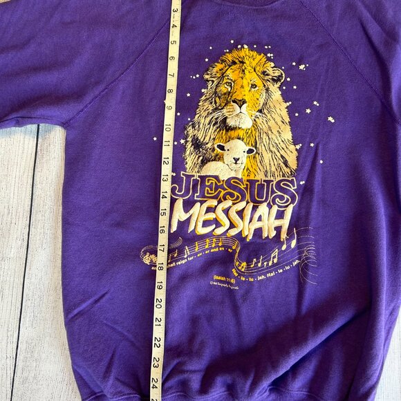 vtg 80s Jesus Messiah purple crewneck sweatshirt size L puff paint double sided - Picture 8 of 14